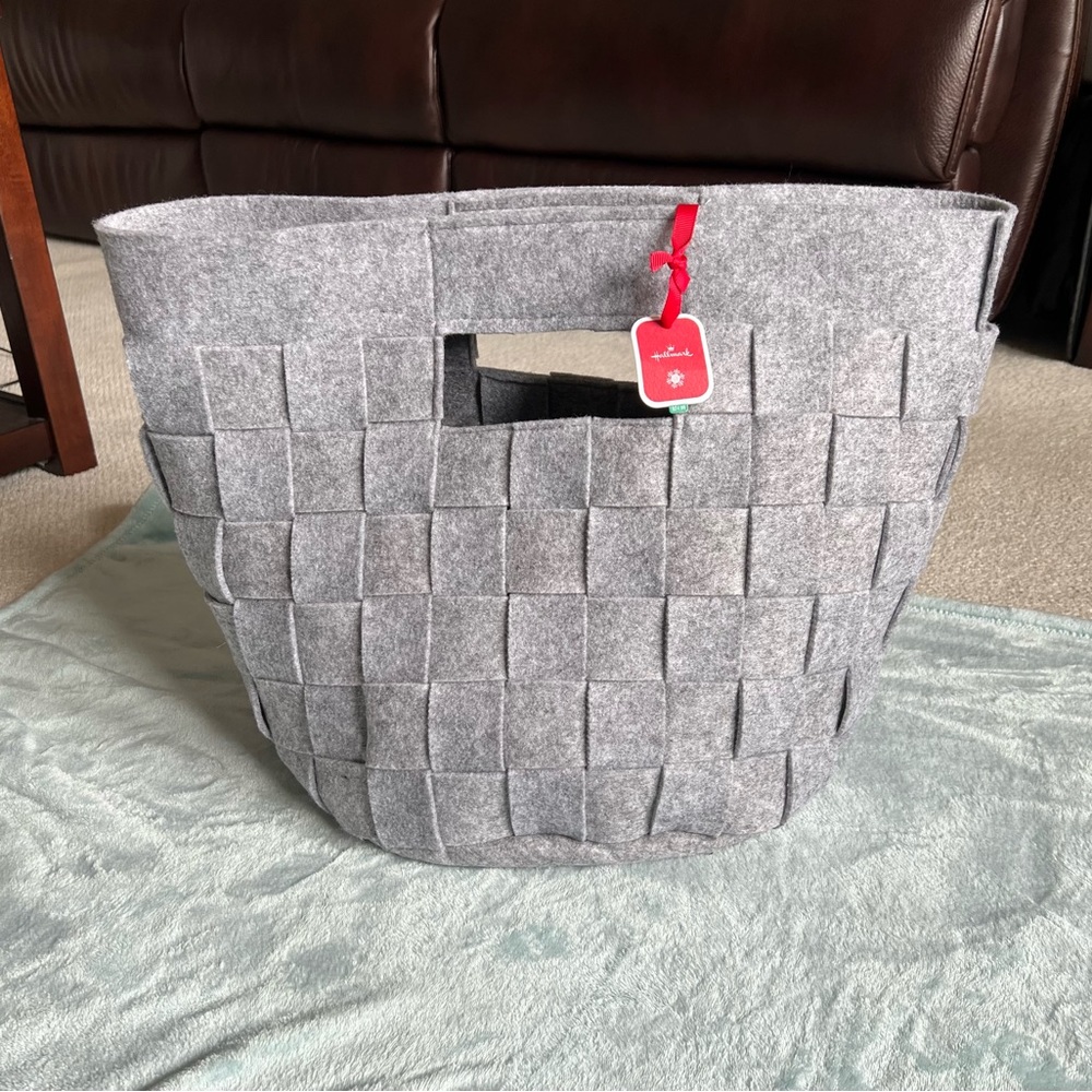 NWT Hallmark bag. Gray felt/wool style bag 18”x14” 11”diameter